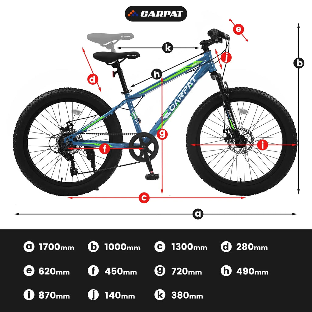 24 Inch Fat Tire Bicycle, 7 Speed Mountain Bike, Dual Disc Brake, Front Suspension, Mountain Trail Bike, Adjustable Seat, Blue