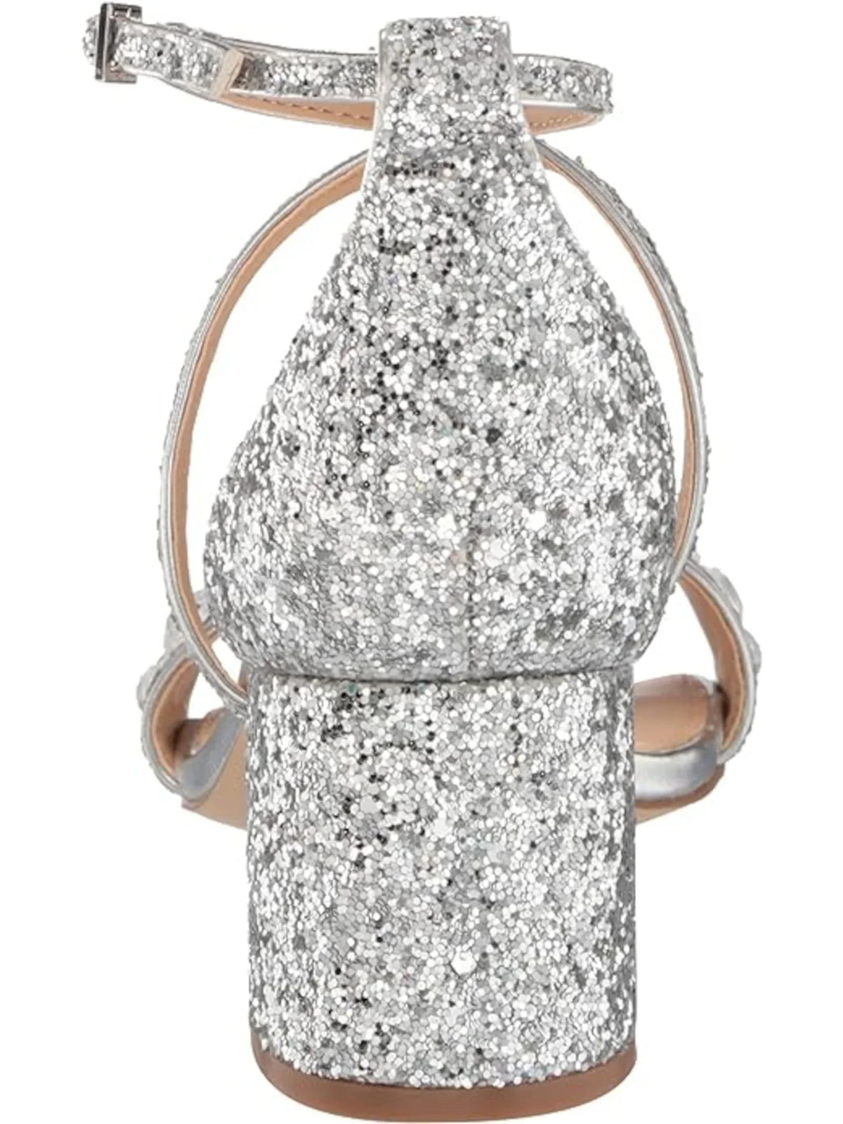 JEWEL BADGLEY MISCHKA Womens Silver Embellished Glitter Claudia Round Toe Block Heel Buckle Dress Heeled Sandal 8.5 M