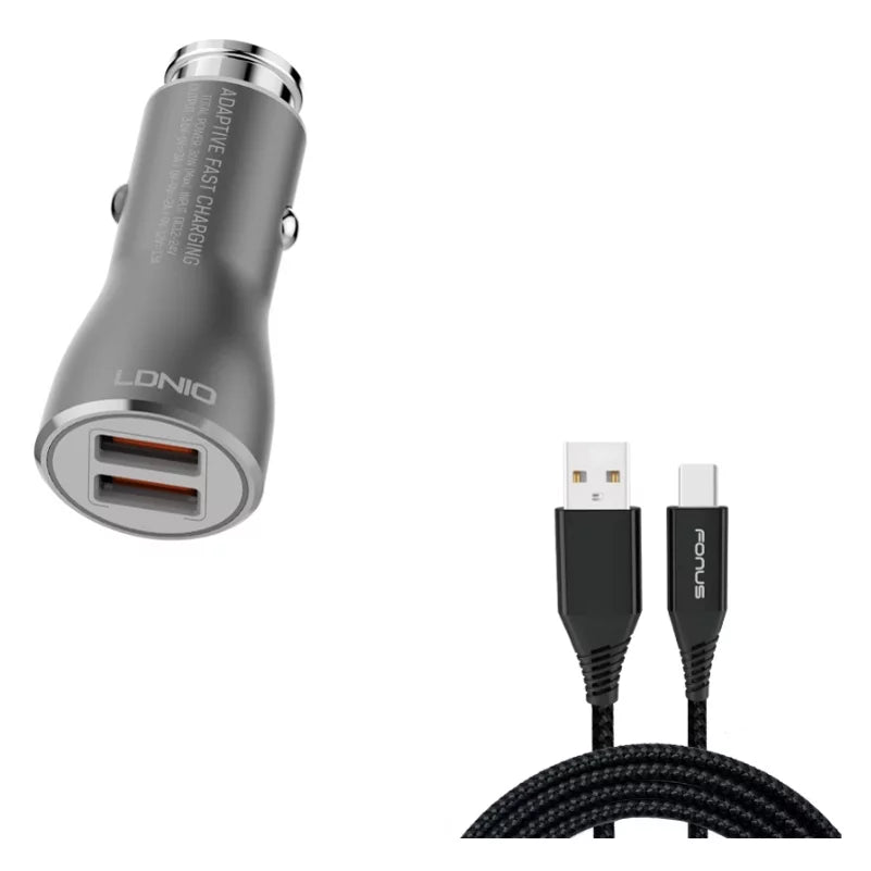 2-Port USB 36W Fast Car Charger w Charger Cord Type-C 10ft USB Cable D3W for Blackberry Motion, Key2, KEYone, LE - BLU G9, Vivo XI Plus 5 - CAT S61 S48c - Coolpad Legacy