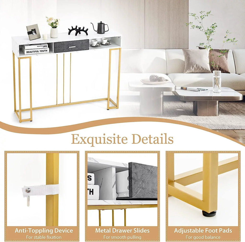 NLTBONNIE Console Table with Drawer - Sofa  with Anti-Toppling Device &amp; Adjustable Foot Pads  Faux Marble Foyer Table for Hallway  Entryway  Living Room  Dining Room &amp; Kitchen Ent