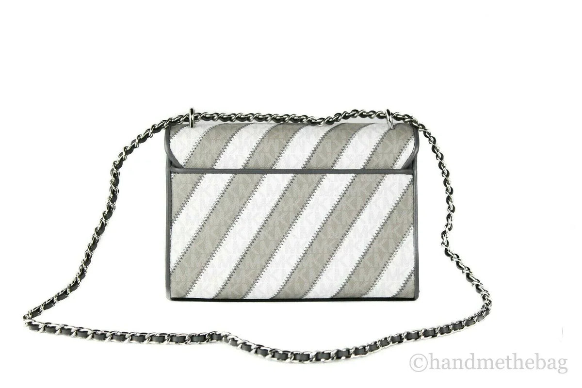 Michael Kors Rose Pearl Grey Striped Signature PVC Medium Flap Shoulder Handbag