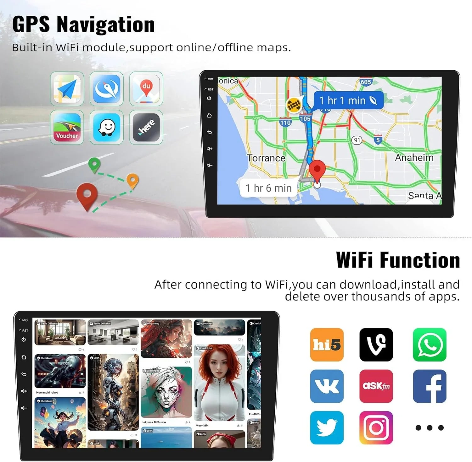 1+32G Car Stereo Android 13 Carplay,10.1 inch HD 1080P Touchscreen FM Receiver Radio Player with Bluetooth Support Change Theme GPS Navigation WiFi USB Mirror Link with Backup Camera