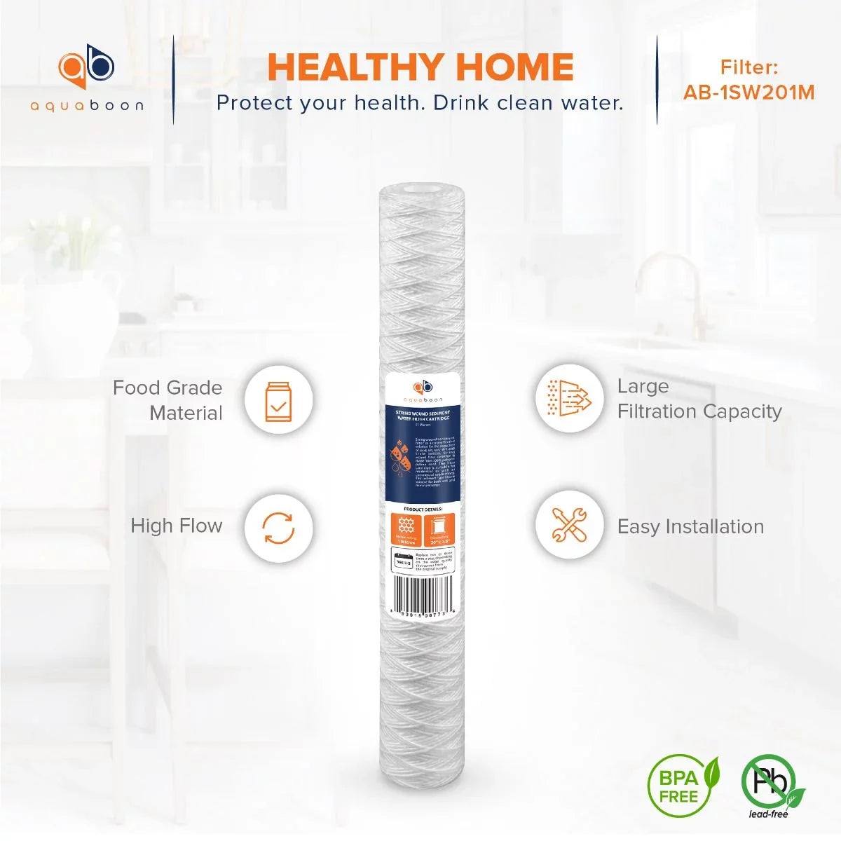 Aquaboon 1 Micron 20" x 2.5" String Wound Sediment Water Filter Cartridge | Universal Replacement for Any 20 inch RO Unit | Compatible with 101-230, PD-5-20, AP110-2C, P5-20, CFS124-C20, 4-Pack