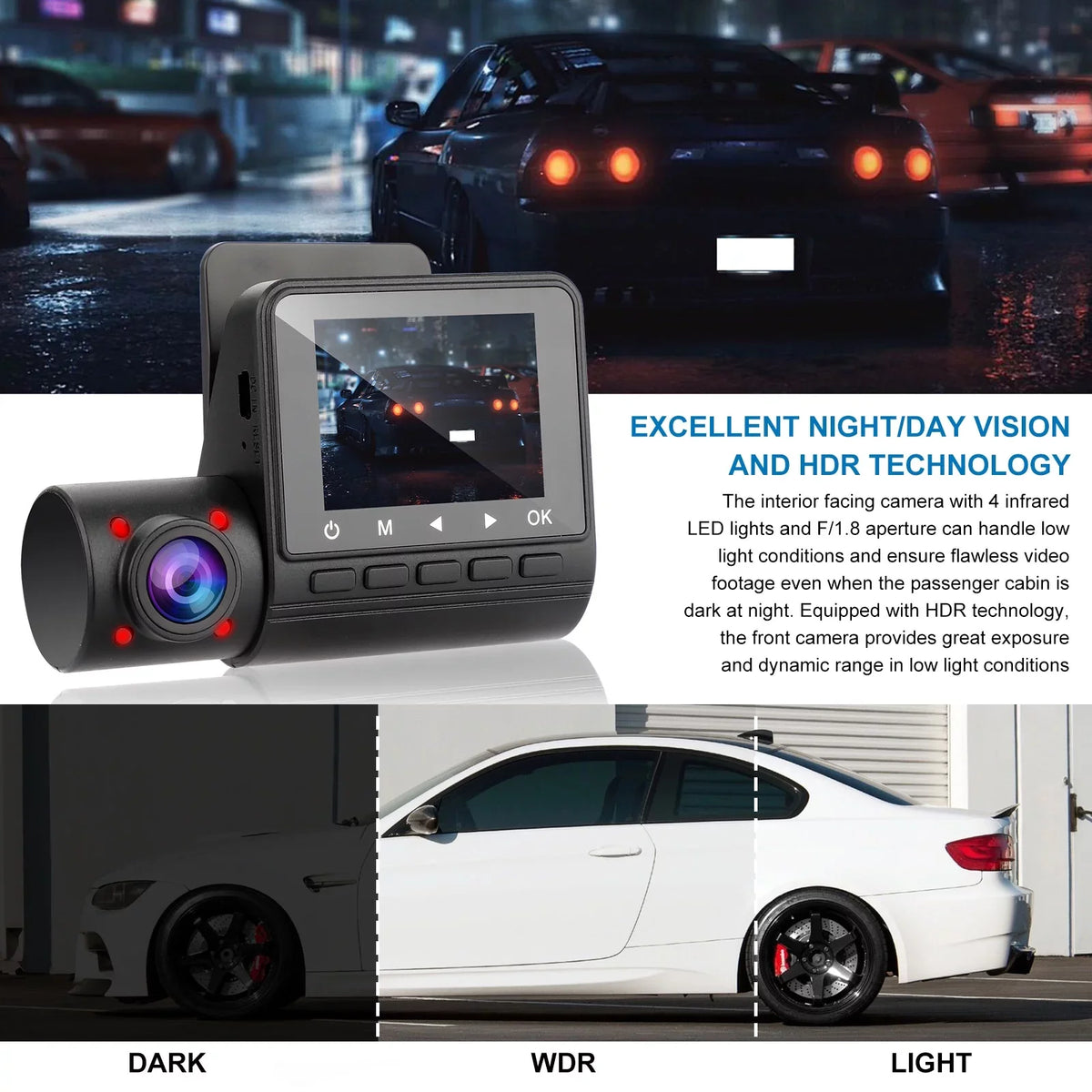 Dual Dash Cam, TSV 1080P Car Driving Recorder Camera, 170° Wide Angle Front Inside Camera with Night Vision, Loop Recording, G-Sensor, Parking Mode, Motion Detection, HDR, Black