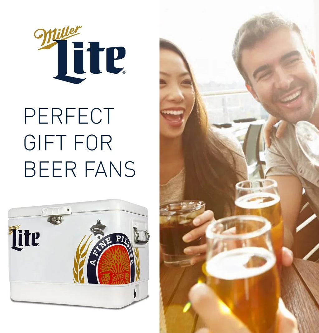 Miller Lite Ice Chest Beverage Cooler with Bottle Opener, 51L (54 QT), 85 Can steel-belted Portable Cooler, White and Blue, for Camping, Beach, RV, BBQs, Tailgating, Fishing