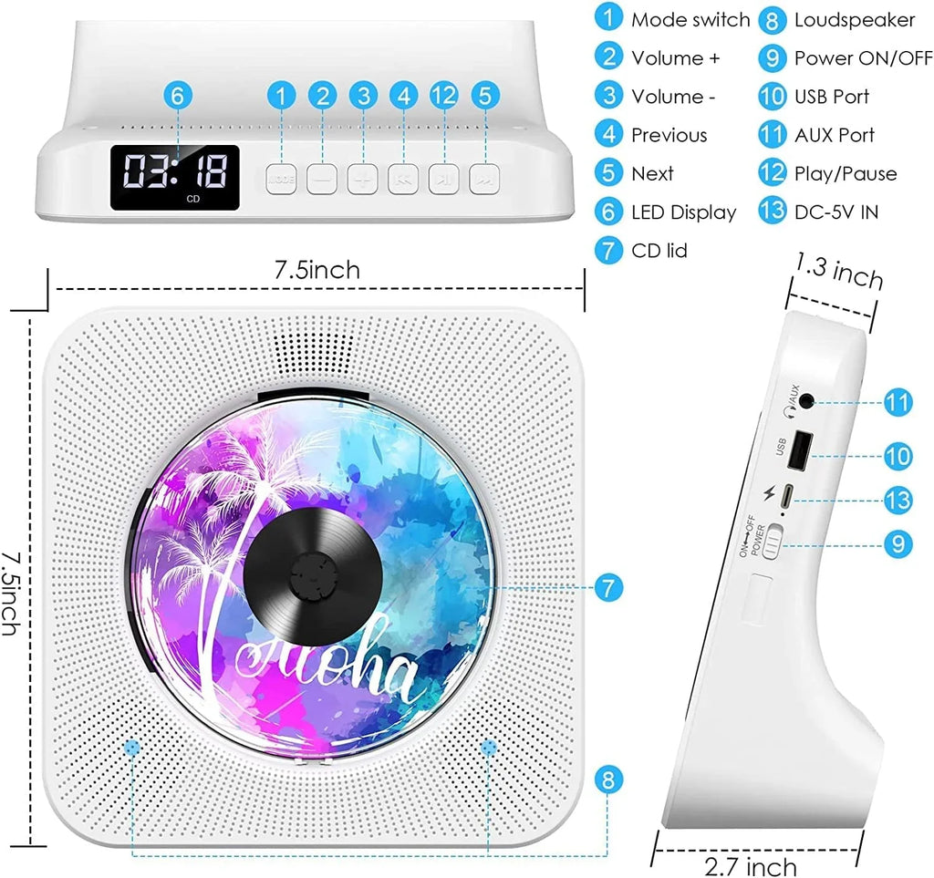 Gueray Portable CD Player with Bluetooth, Desktop CD Music Players for Home Built-in Double HiFi Sound Speakers, Support AUX&USB Headphone Jack, FM Radio Boombox, LCD Screen Monitor for Kids Gift