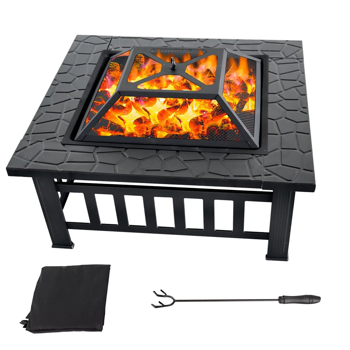 GSE Games & Sports Expert 32" Heavy Duty Square Patio Wood Fire Pit Table with Spark Screen Cover, Log Grate, Waterproof Cover and Fire Poker for Outdoor Backyard, Garden, Bonfire