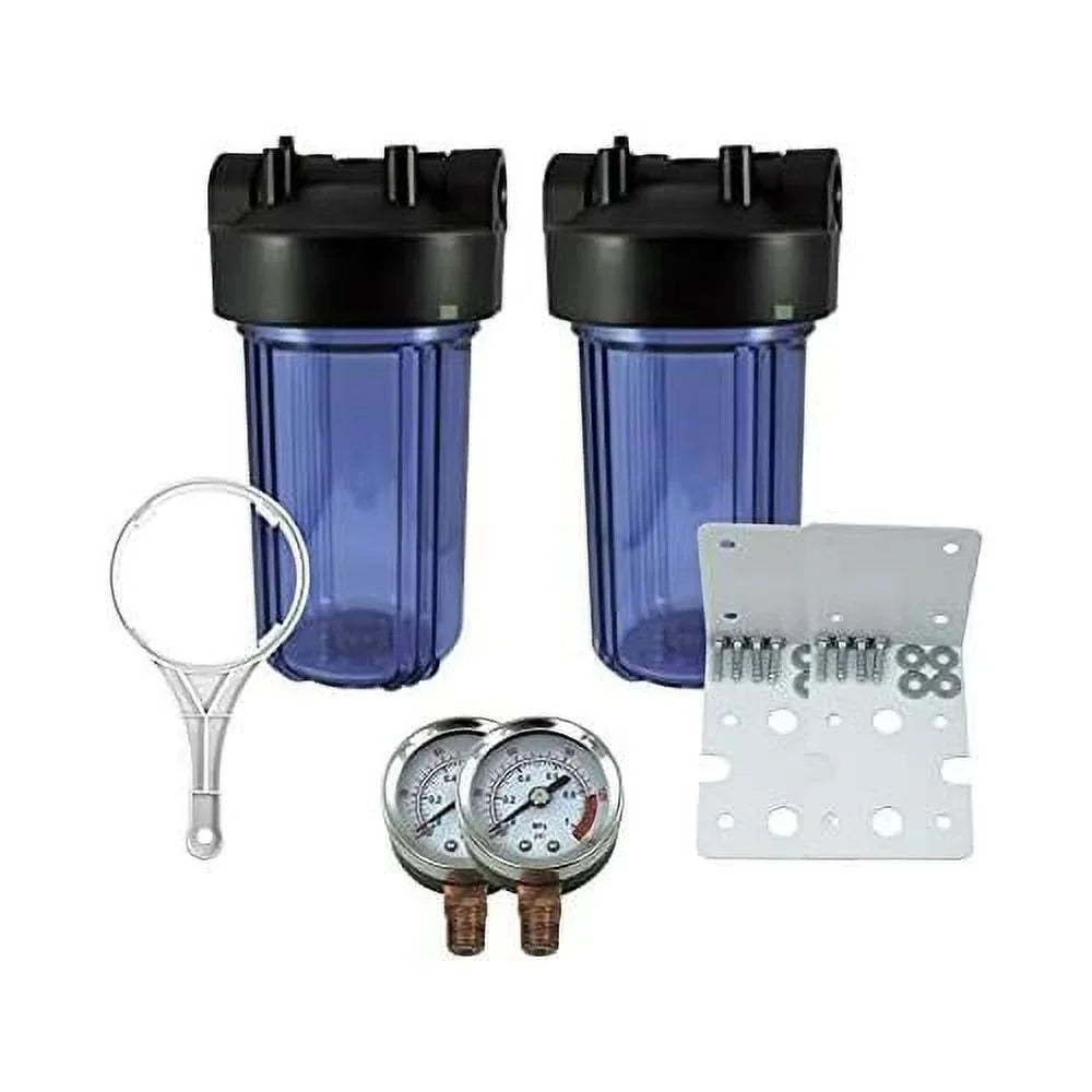 2 Pack 10" BB Clear Whole House  System Filter Housing 1" NPT Brass Ports W/Pressure Release, 2 Pressure Gauges, Wrench  2 Brackets
