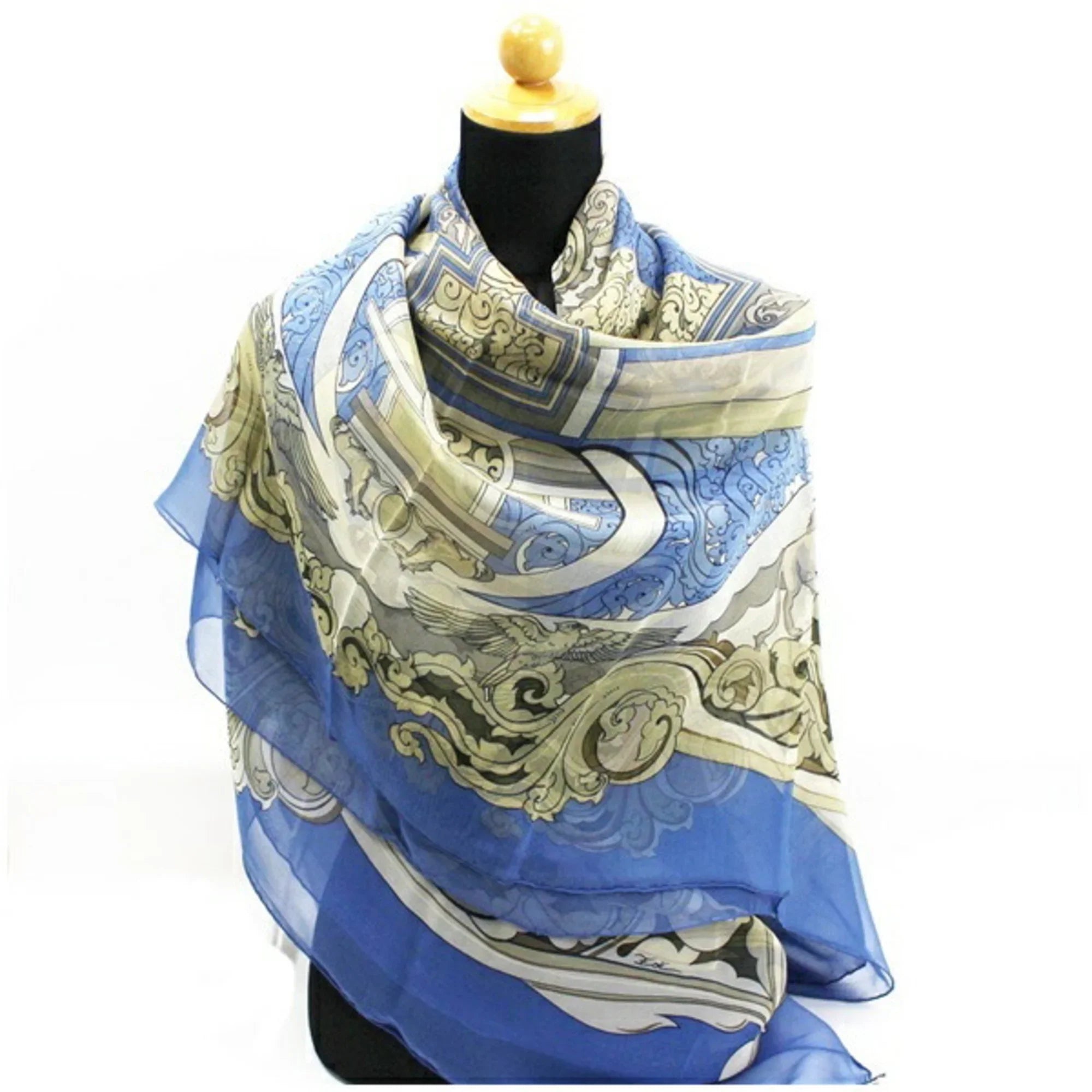 Pre-Owned Hermes Silk Scarf Muffler Carre 140 "ANIMAUX SOLAIRES" Animals of the Sun Blue HERMES Ladies Chiffon (Good)