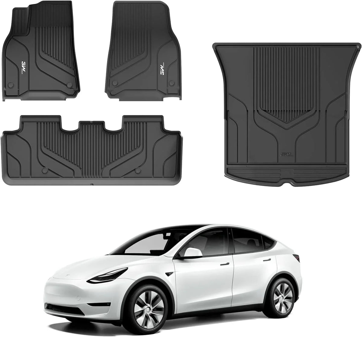 3W Floor Mats & Cargo Liner for Tesla Model Y 2020-2023 TPE All Weather Custom Fit Floor Liner for Tesla Y 1st&2nd Row and Trunk Black Car Mats