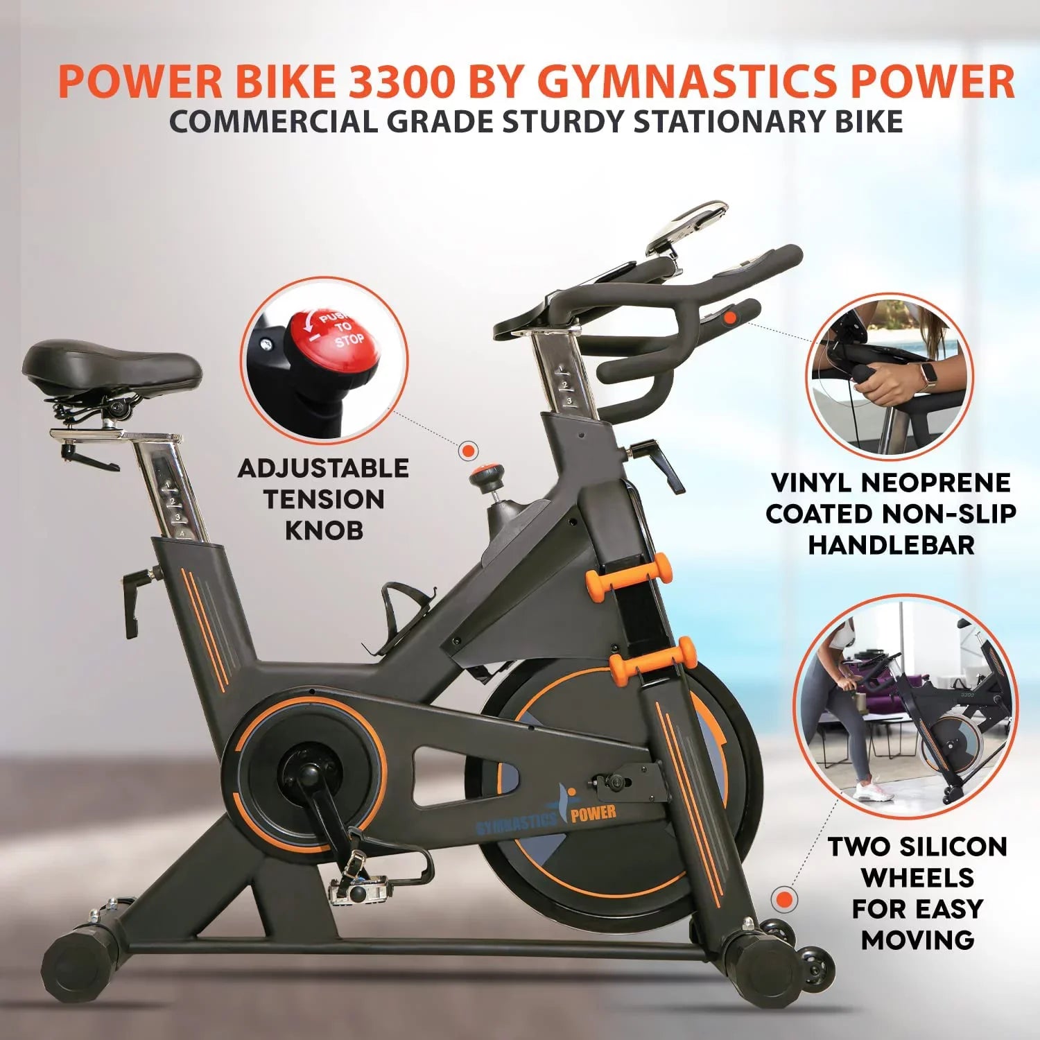 Gymnastics Power indoor exercise bike, commercial Build with magnetic resistance and dumbbells, stationary bike 350 lbs capacity