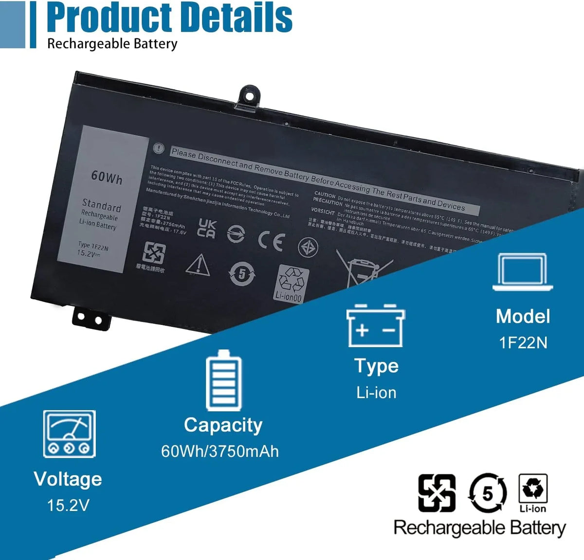 1F22N Portable PC y, 15.2V 60Wh 3750mAh 4-Cell Compatible with Dell Alienware M15 M17 R1 G7 7590 7790 G5 5590-D2783W