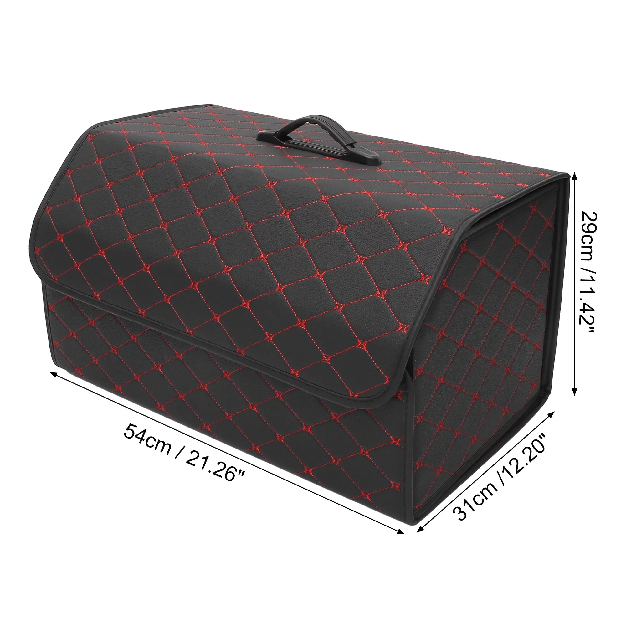 54x31x29cm Black PU Leather Car Storage Bag Trunk Organiser Foldable Boot Bag with Handle for Truck SUV Red Stitches