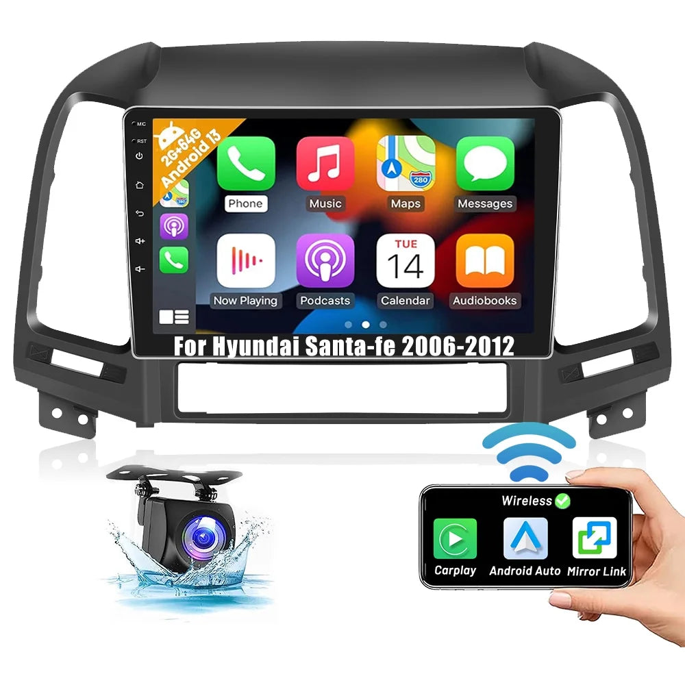 Podofo 2+64G for Hyundai Santa-fe 2006-2012 9'' Car Stereo Radio Wireless Carplay Android Auto Mirror Link Android 13 WIFI GPS FM Bluetooth USB Hifi,AHD Backup Camera