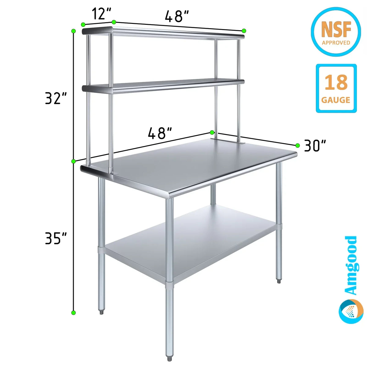 AmGood 30" x 48" Stainless Steel Work Table With 12" Wide Double Tier Overshelf | Metal Kitchen Prep Table & Shelving Combo