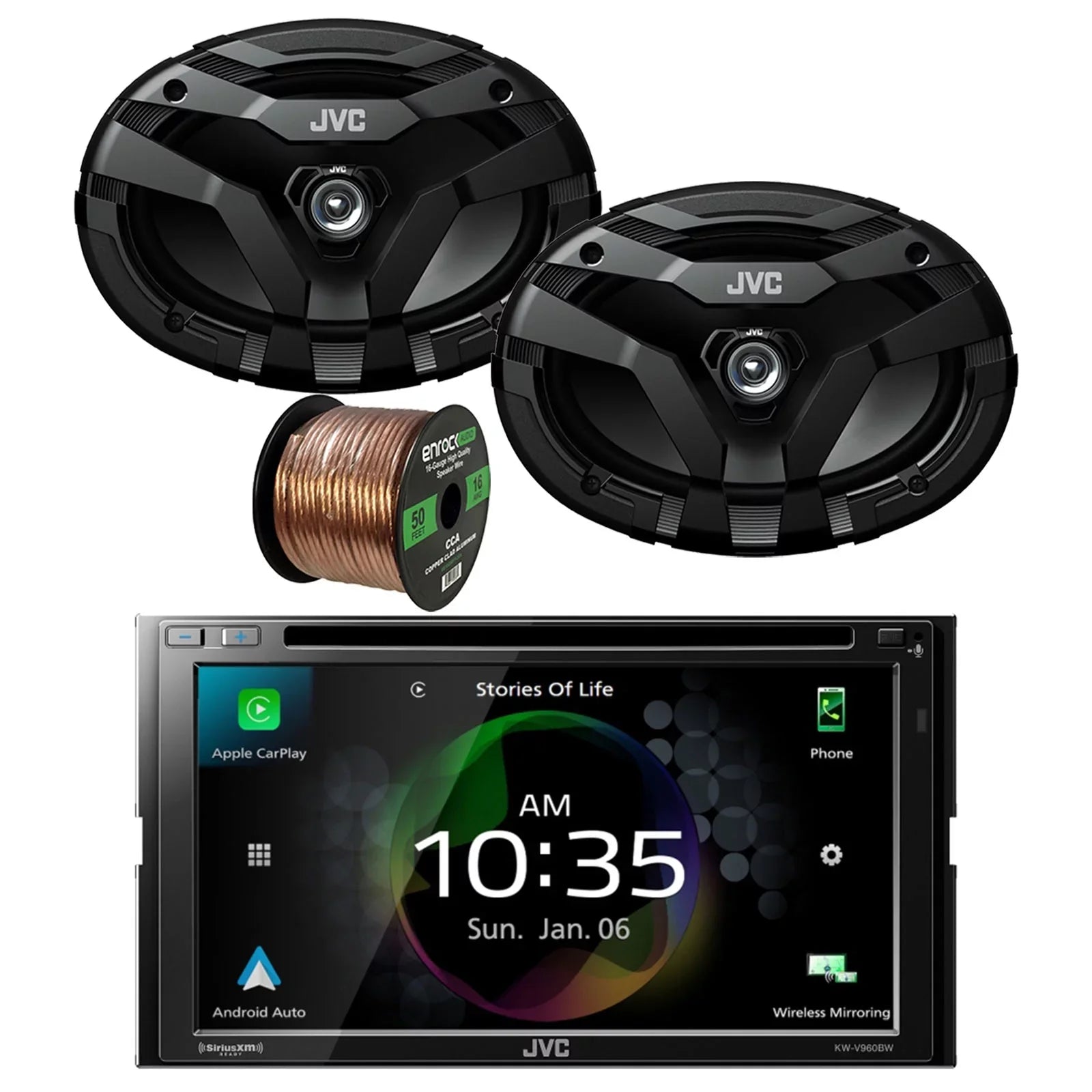 JVC KW-V960BW Double DIN AM/FM Radio Dual USB Bluetooth CD/DVD Player Car Receiver Bundle Combo with 2x 6x9" 2-Way Coaxial 400 Watts Peak Power Car Audio Speakers and 16G 50 Feet Speaker Wire