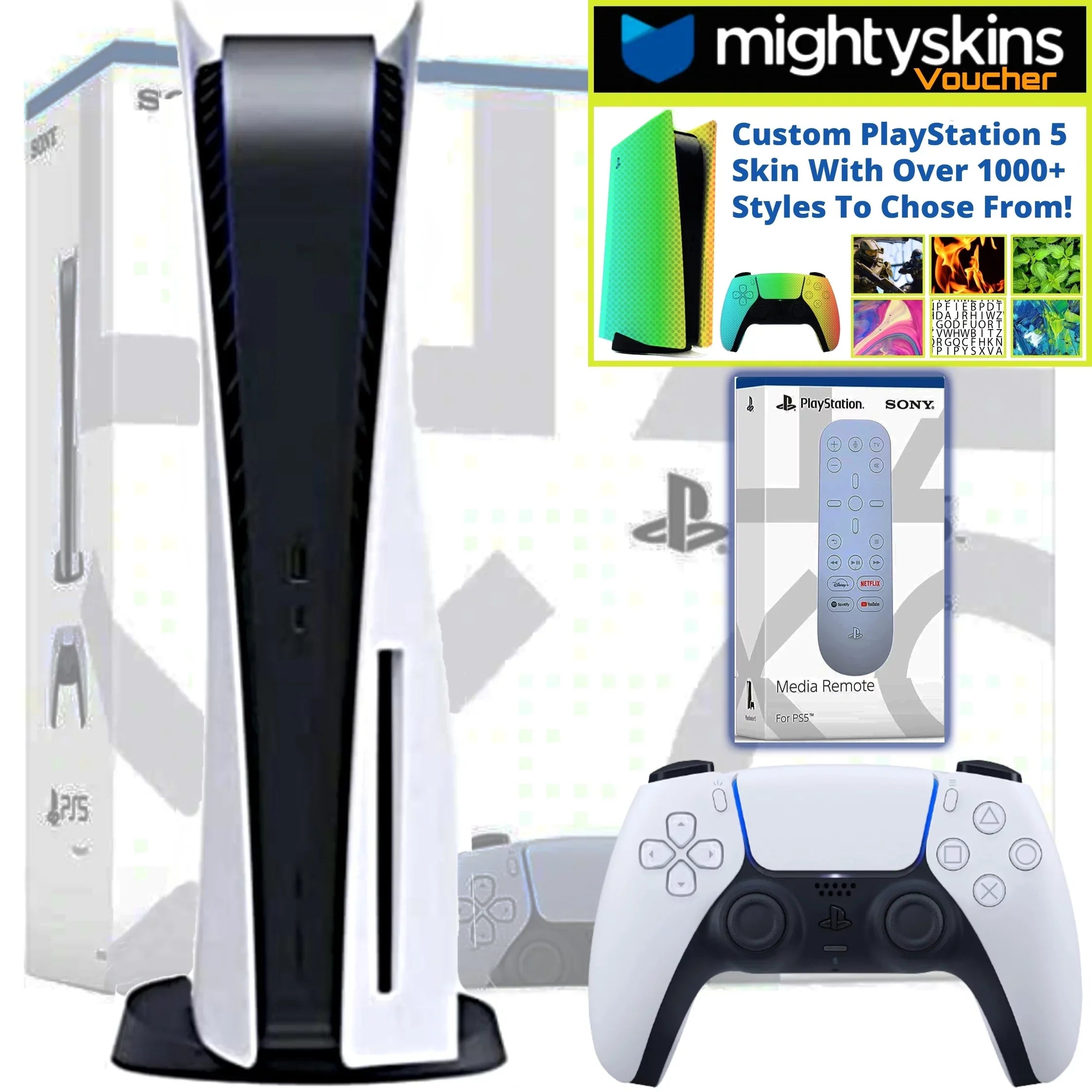 Sony PlayStation 5 Disk Console Bundle With PS5 Media Remote & MightySkins Custom PS5 Skin Voucher Limited Edition Bundle