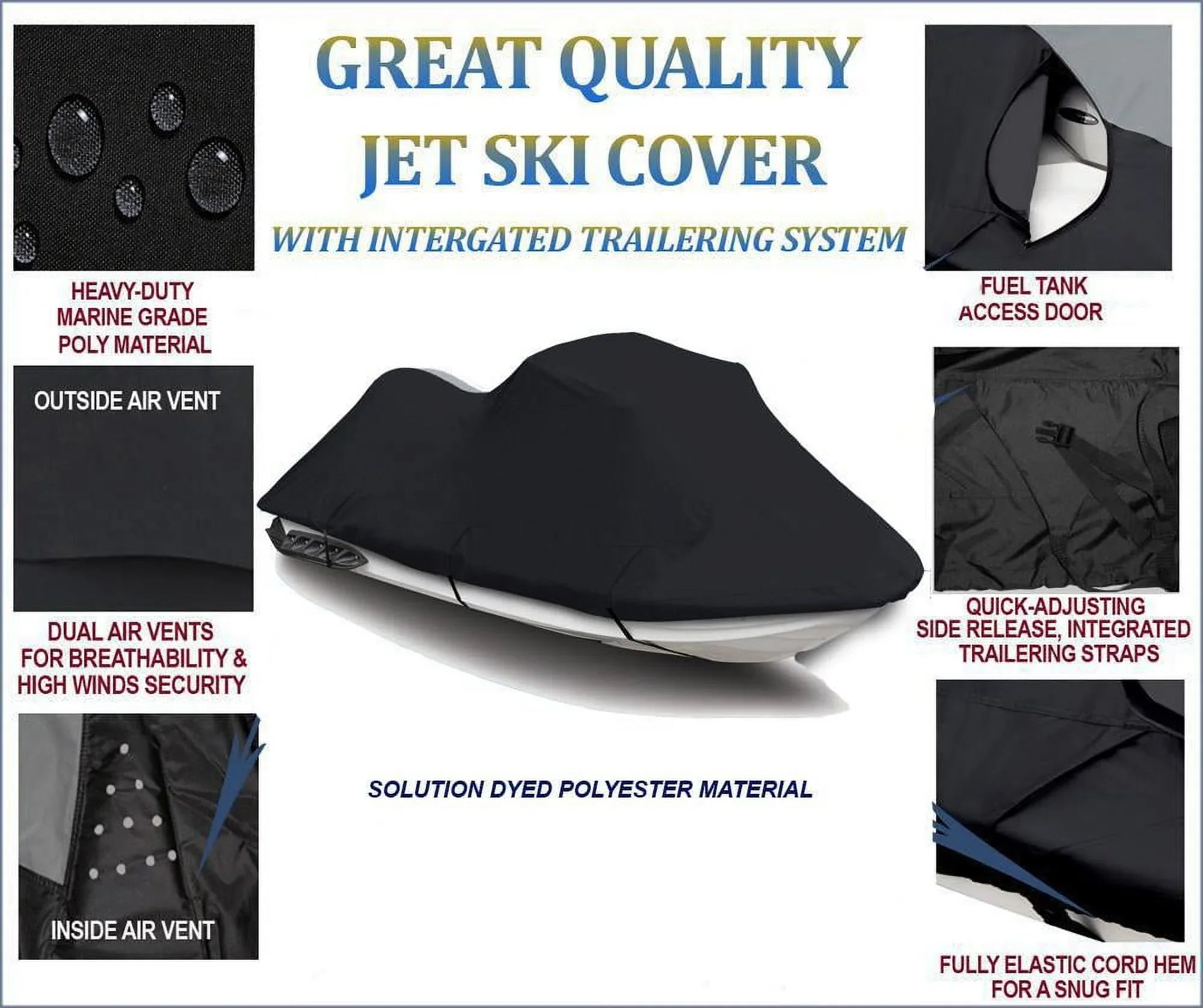 BLACK TOP OF THE LINE JET SKI Cover Compatible for YAMAHA Wave Runner GP 1300R 2003 2004 2005 2006 2007 2008 Jet Ski PWC Cover 2 Seater