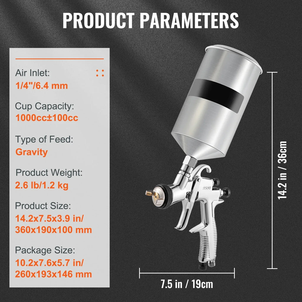 SKYSHALO HVLP Spray Gun, High Performance Automotive Gravity Feed Spray Gun with 1.3mm 1.4mm 1.8mm Stainless Steel Nozzles, 1000cc Aluminum Cup for Auto Paint, Primer, Clear/Top Coat & Touch-Up
