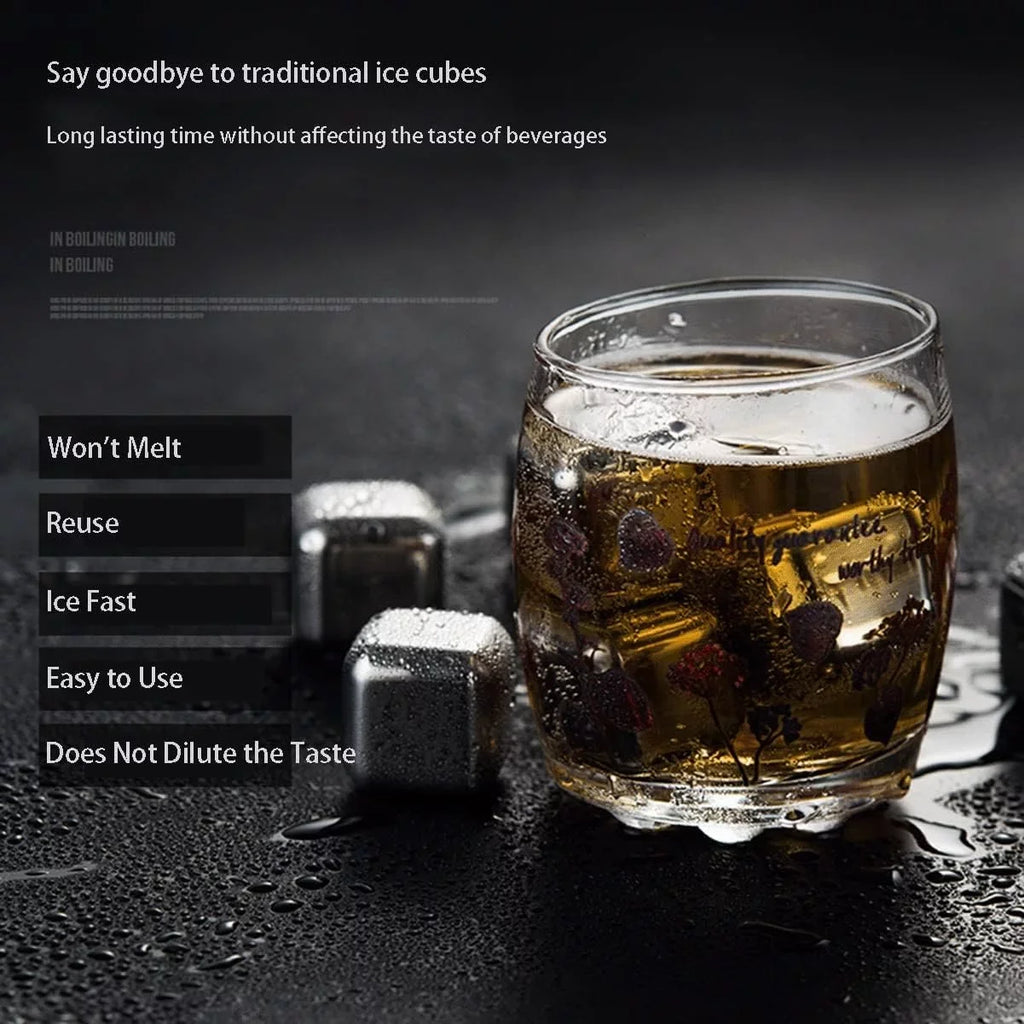 Whiskey Ice Cubes Stainless Steel Ice Cubes for Drinks Chilling Set of 4/6/8 with Box, Reusable Metal Whiskey Stones, Wine Chiller Rocks No Dilution Waterless Ice for Scotch, Vodka, Rum (Size : 6 pcs