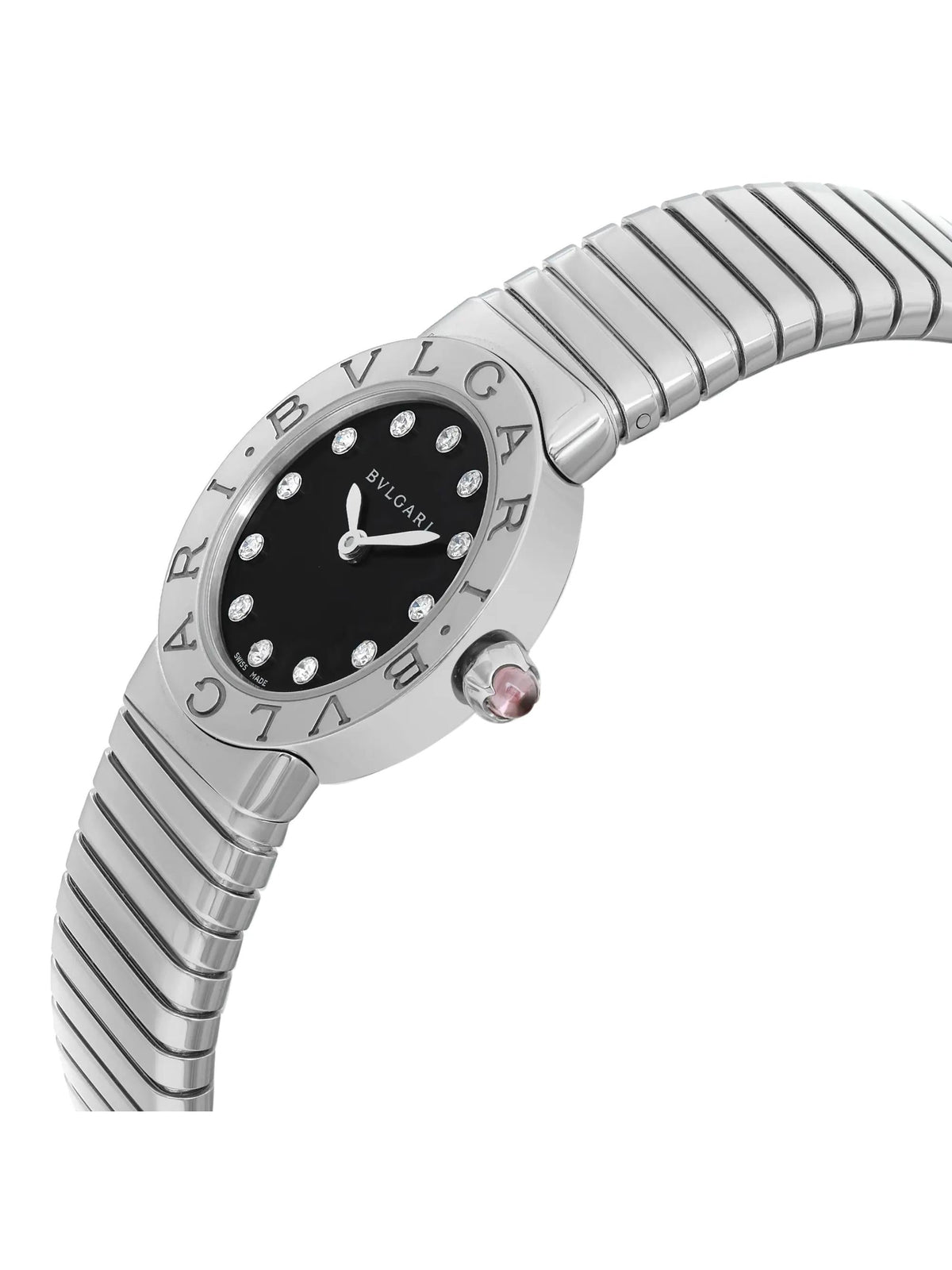 New Bvlgari Bulgari 26mm Steel Diamond Black Dial Ladies Quartz Watch 102145