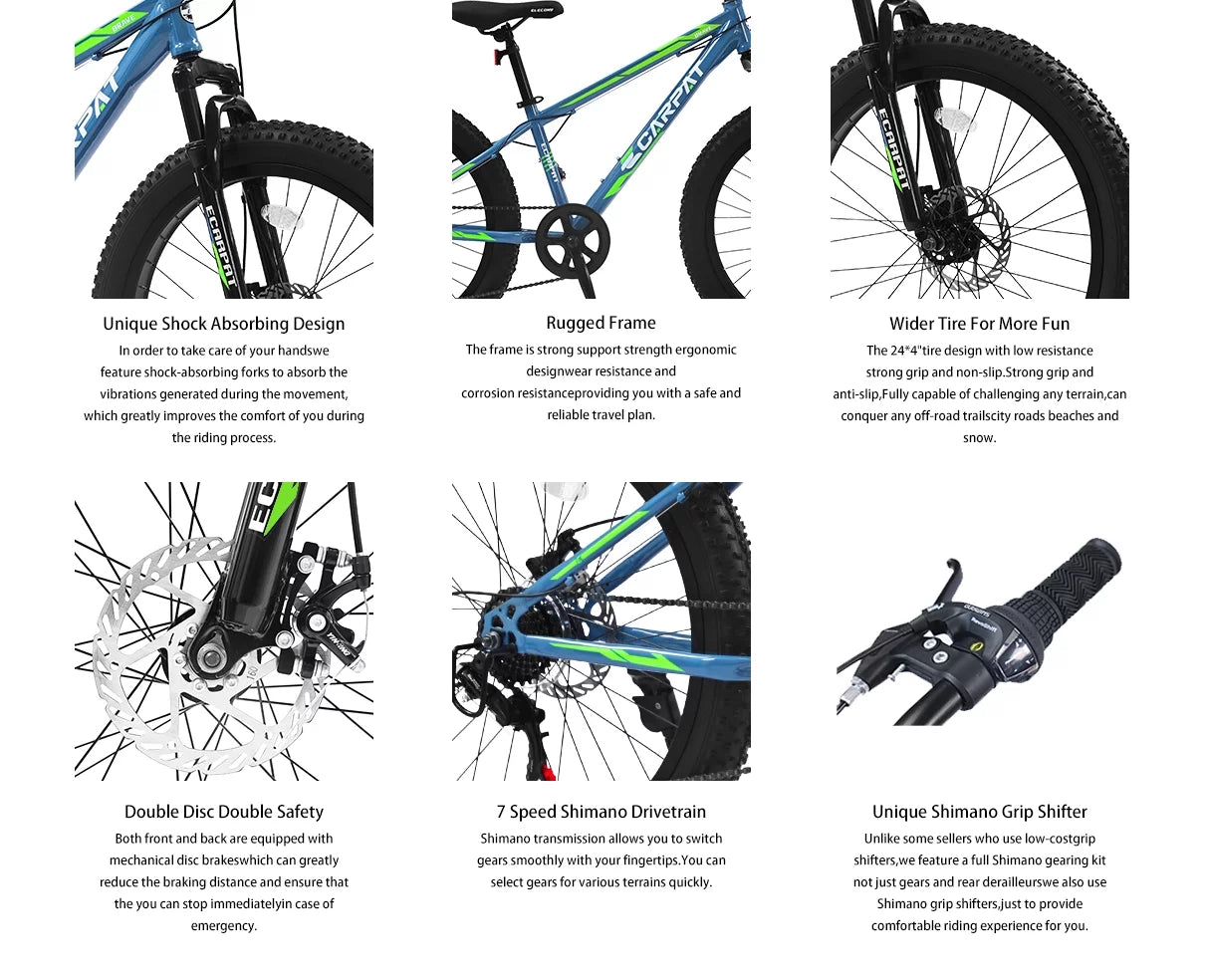 24 Inch Fat Tire Bicycle, 7 Speed Mountain Bike, Dual Disc Brake, Front Suspension, Mountain Trail Bike, Adjustable Seat, Blue