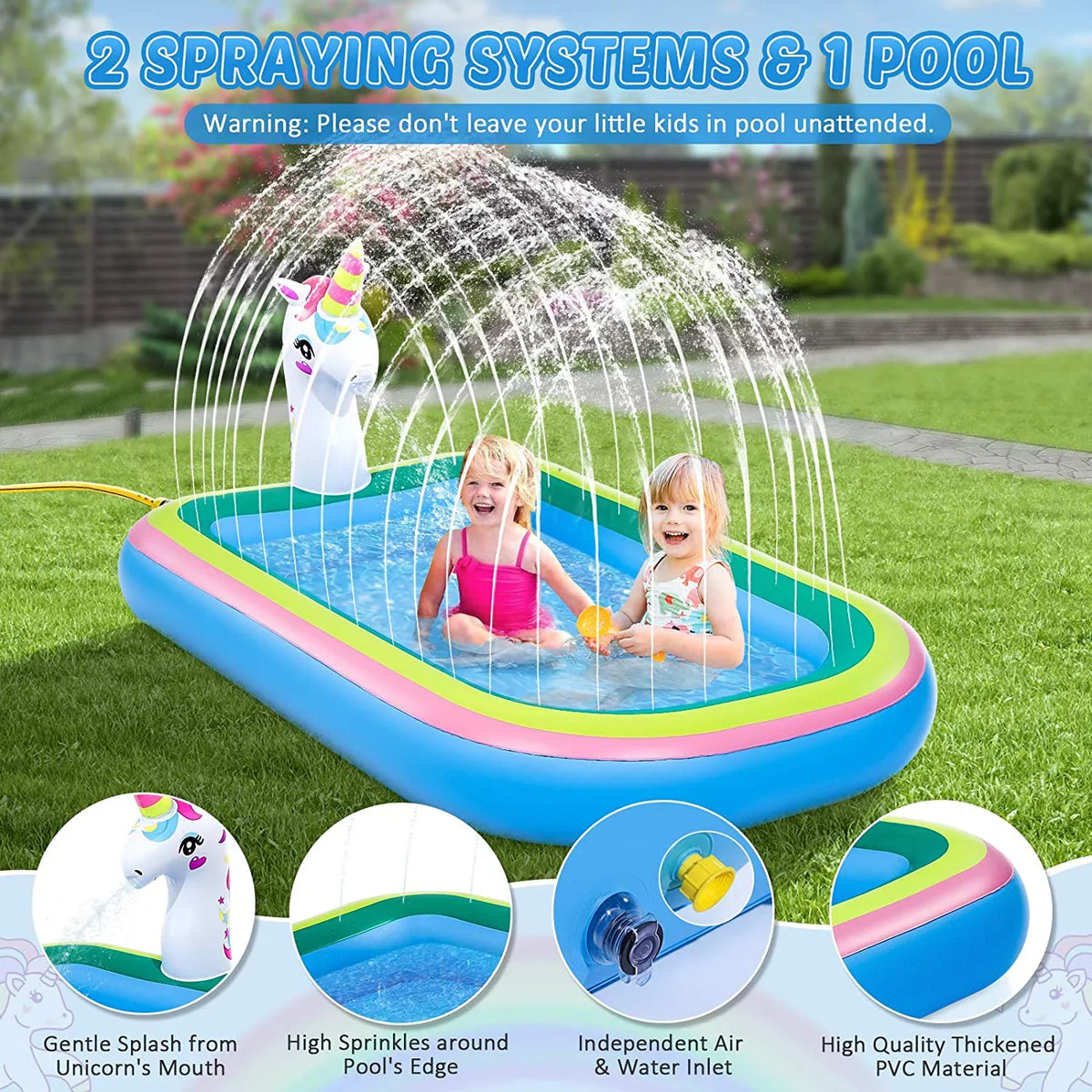 Intera Unicorn Sprinkler Pools for Kids, Splash Pad Inflatable Kiddie Pool for Outside, Splash Mat Baby Paddling Pool for Backyard, Water Sprinkler Toys Games for Summer Outdoor Toddlers Play - 68"