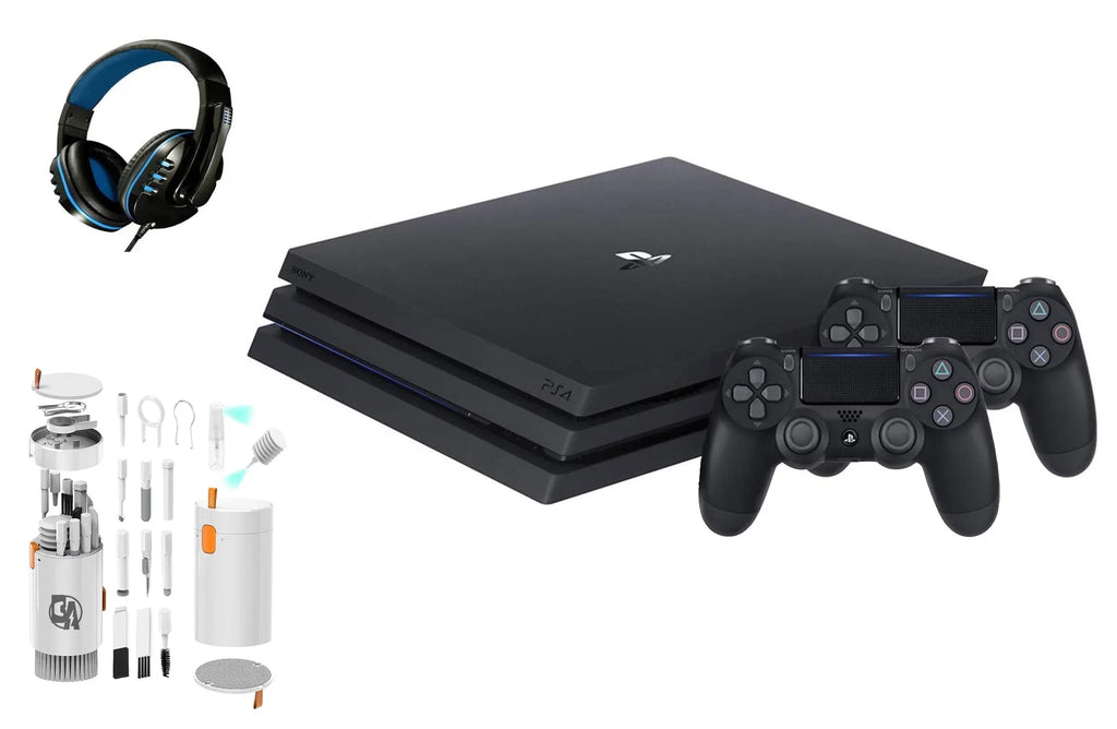 Sony PlayStation 4 Pro 1TB Gaming Console Black Headset 2 Controller With BOLT AXTION Cleaning Kit Bundle Like New
