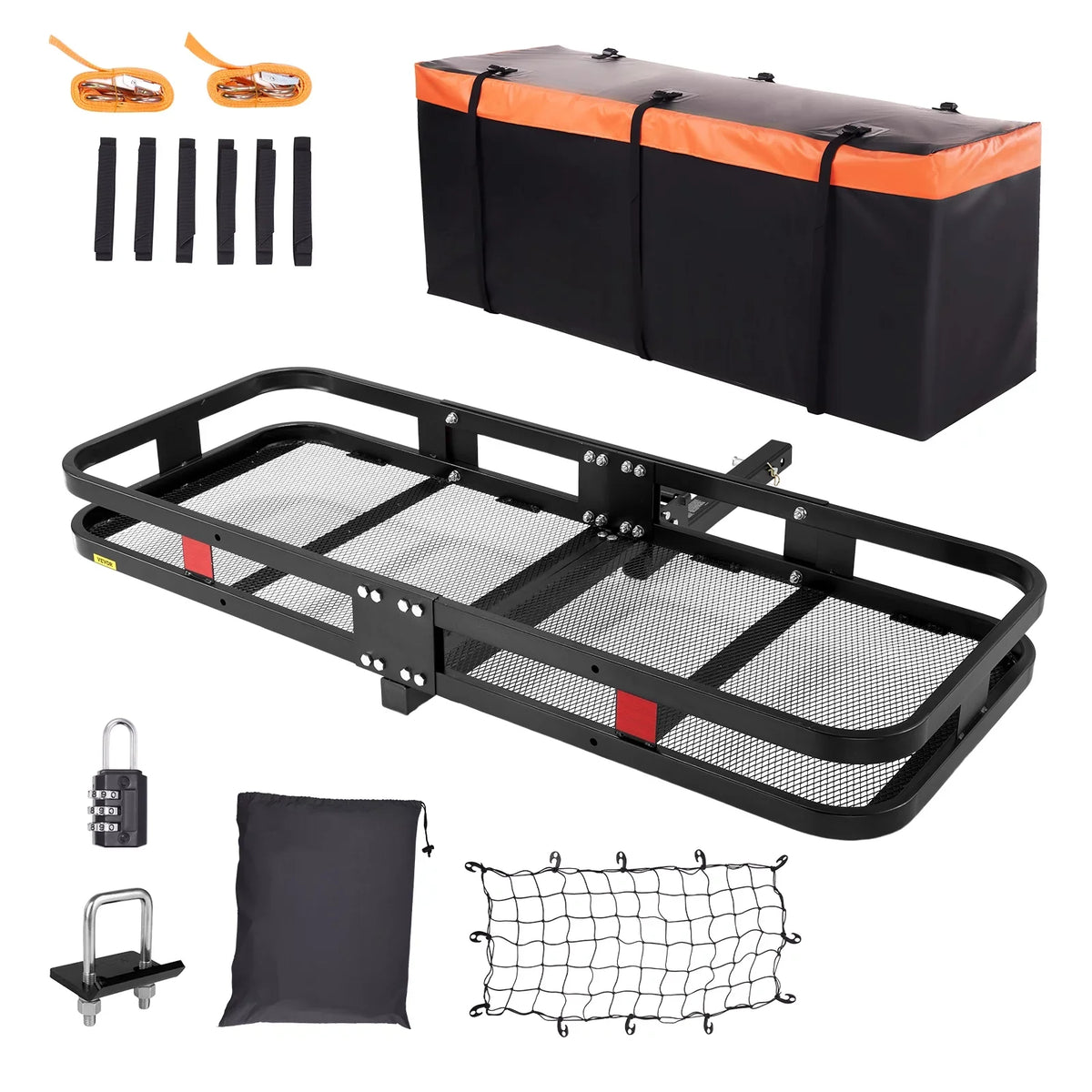 BENTISM Hitch Mount Cargo Carrier 60x24x6in 500lb Foldable Steel Cargo Basket with Waterproof Bag Cargo Net Ratchet Straps Fits 2" Receiver