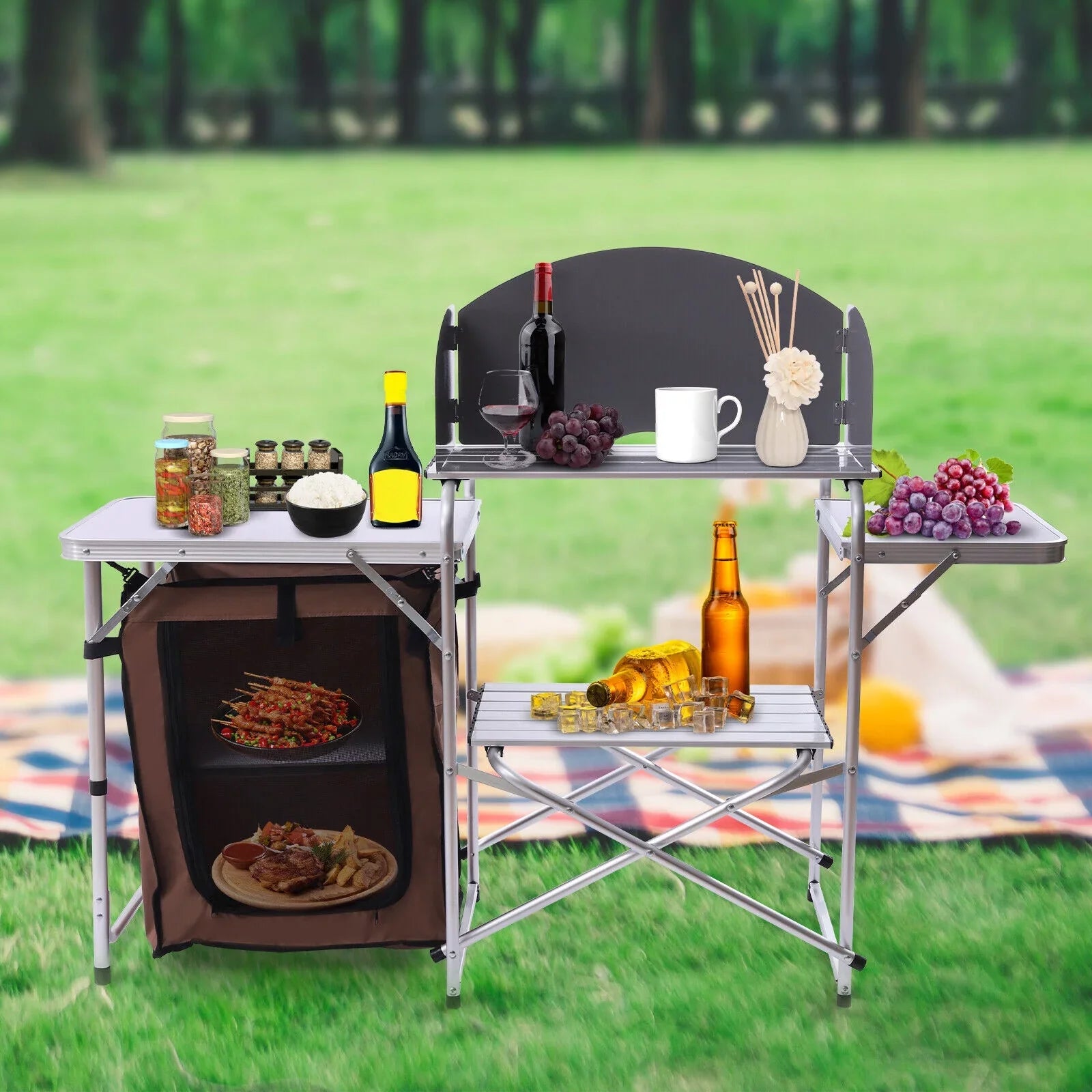 Miumaeov Portable Camping Kitchen Table Picnic Cabinet Folding BBQ Table Storage Rack