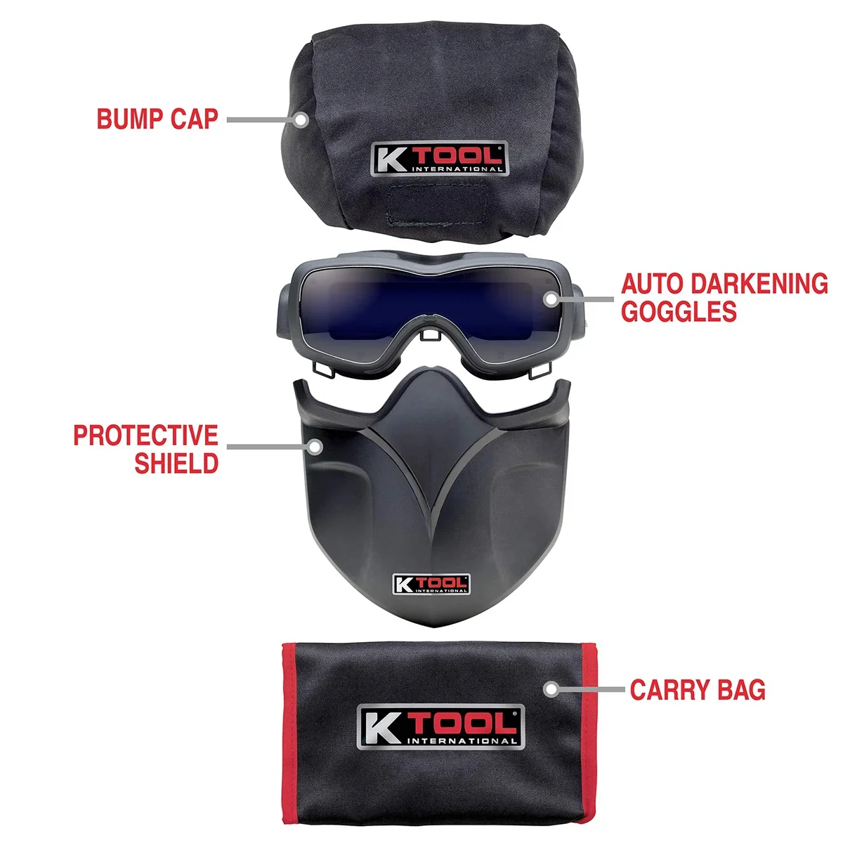 K Tool International 70046 Auto Darkening Welding Goggle Kit for Garages, Repair Shops, and DIY, Lightweight, 5-13 Adjustable Shades, Fire Retardant Hood, Bump Cap, Shield and Carrying Bag, Black/Red