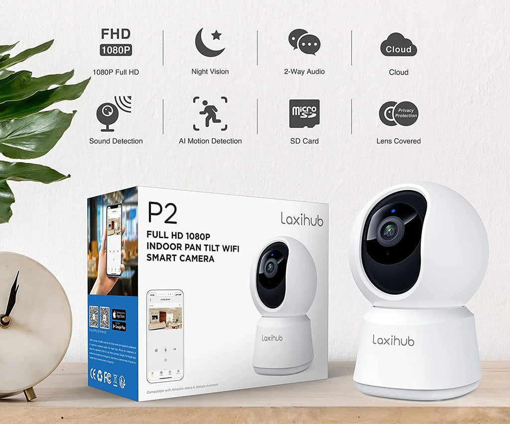 Laxihub 360° Pan/Tilt Security Camera, 1080P 2.4g WiFi Baby Monitor, Motion & Sound Detection, IR Night Vision, Two-Way Audio, Works with Alexa