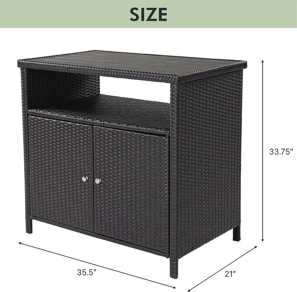 AUCHI Indoor Outdoor 2-Door Wicker Storage Cabinet with Shelf, Powder Coated Steel, All Weather Resin Wicker, Dark Brown