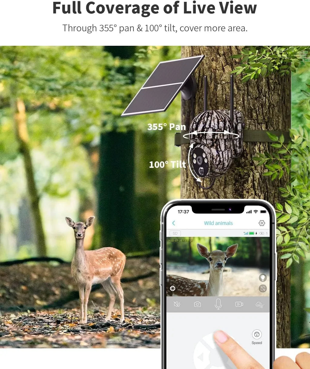 4G LTE Cellular Trail Cameras Include SD&SIM Card (Verizon/AT&T/T-Mobile) &Solar Panel, Game Cam Works No WiFi with 2K Live Feed via phone/360° Full View/Motion Activated/Night Vision/Playback