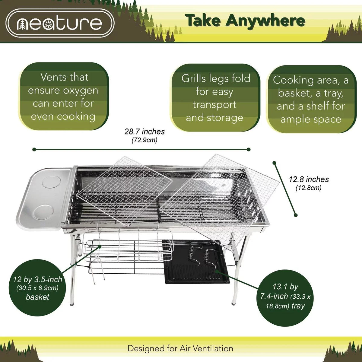 Neature Portable Charcoal Grill for Camping - 26.8in Tall Foldable BBQ Grill