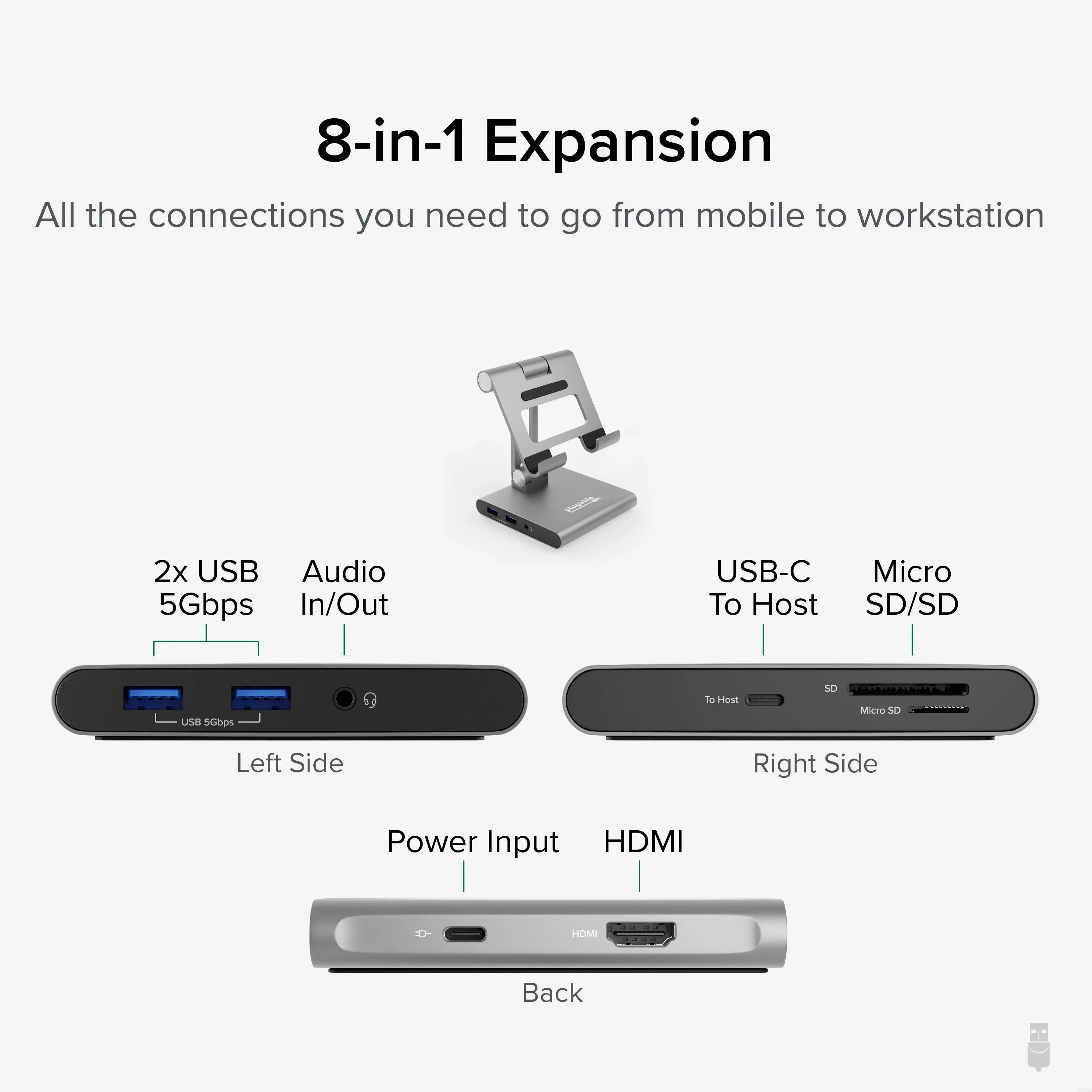 Plugable 8-in-1 USB C Docking Station for iPad with Stand, 100W Pass-through Charging USB-C Hub, 1x HDMI, 2x USB, Audio, and SD, Compatible with Windows, iPadOS, USB-C Phones, and Tablets