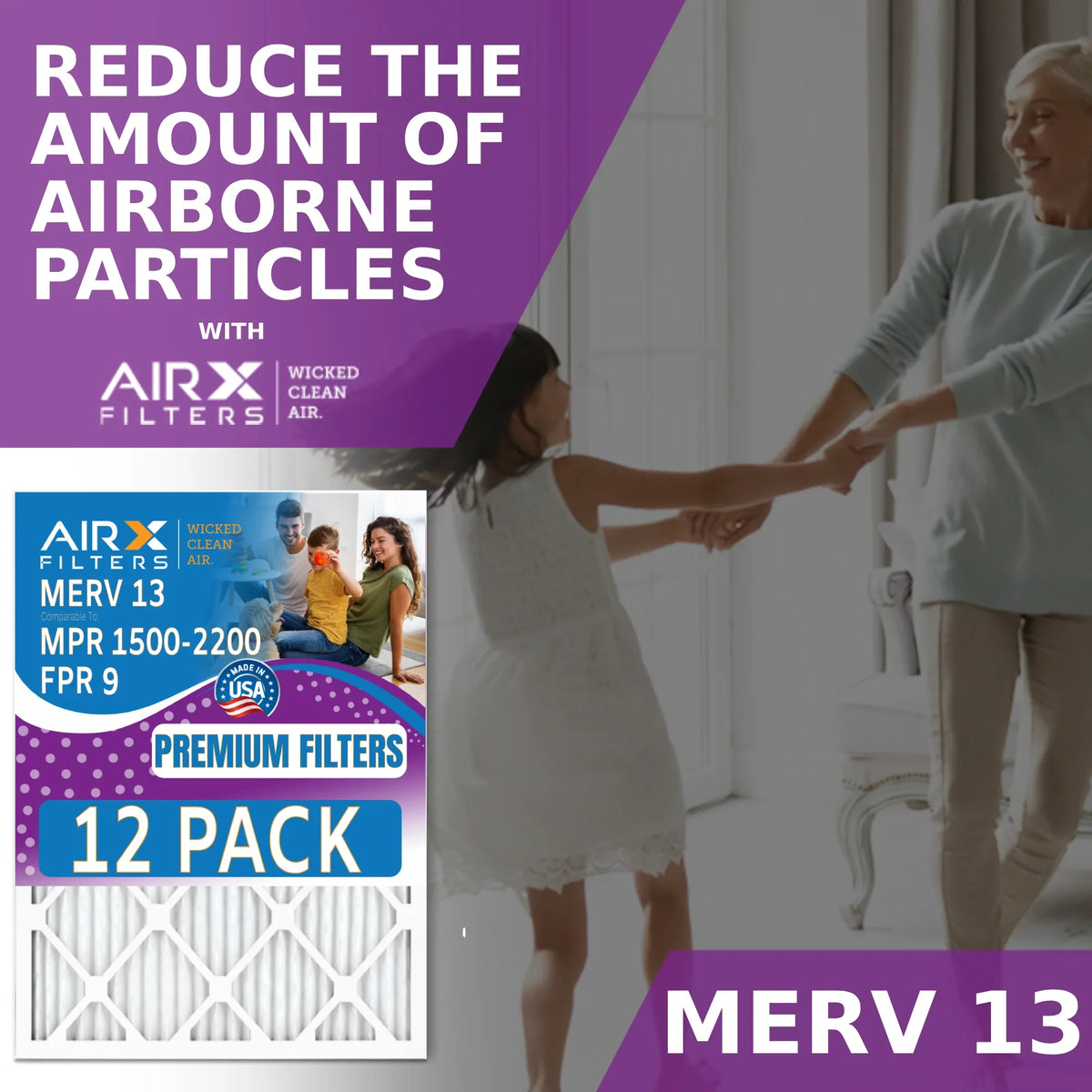 12x24x1 Air Filter MERV 13 Rating, 12 Pack of Furnace Filters Comparable to MPR 1500 - 2200 & FPR 9 - Made in USA by AIRX FILTERS WICKED CLEAN AIR.