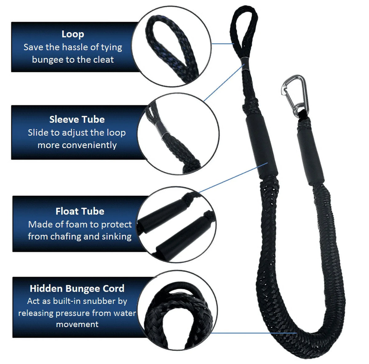 Pactrade Marine Boat Pontoon Kayak PWC Jet Ski Bungee Dock Line Mooring Rope 4'-5.5' with SS316 Snap Hook Salt and Fresh Water Use 2 Pack (Black & White)