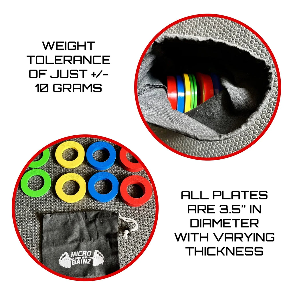Micro Gainz Multi-Color Calibrated Fractional Weight Plate Set of .25LB-.50LB-.75LB-1LB Plates (8 Plate Set) w/ Bag- For Olympic Barbells, Made in USA
