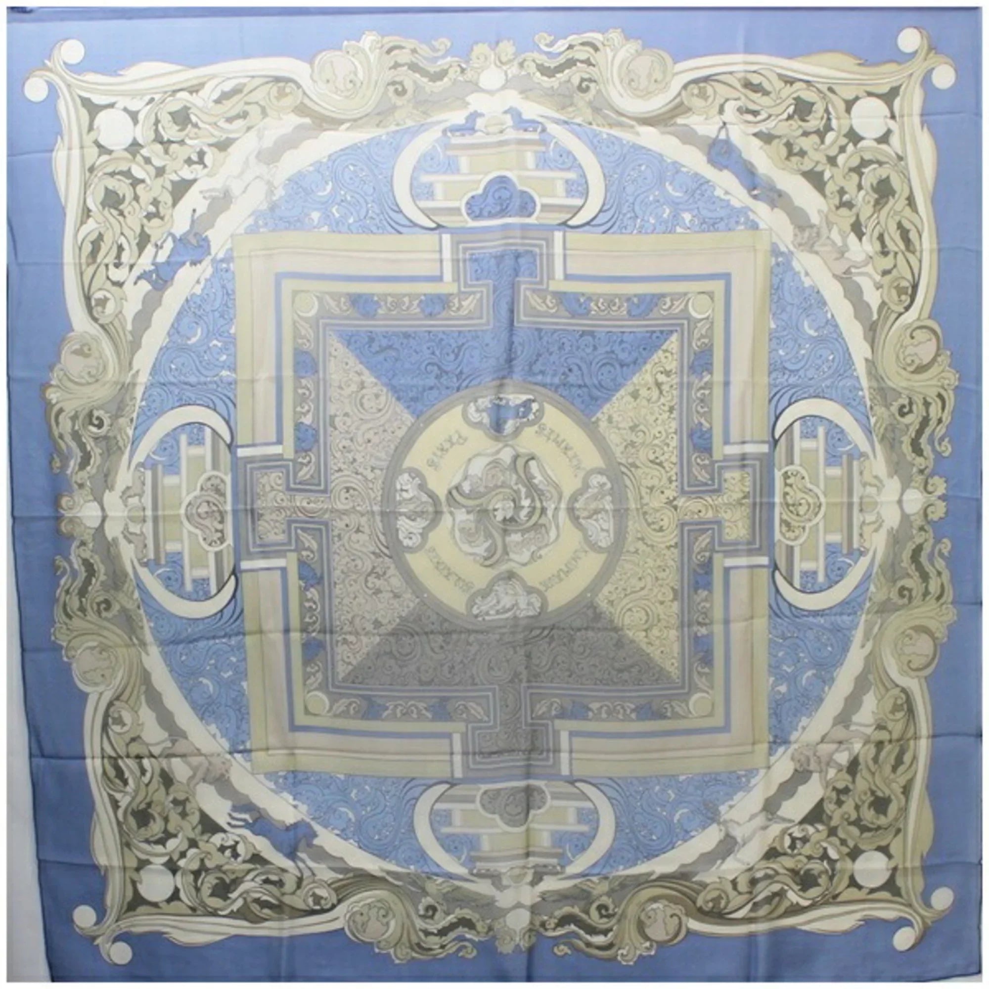 Pre-Owned Hermes Silk Scarf Muffler Carre 140 "ANIMAUX SOLAIRES" Animals of the Sun Blue HERMES Ladies Chiffon (Good)