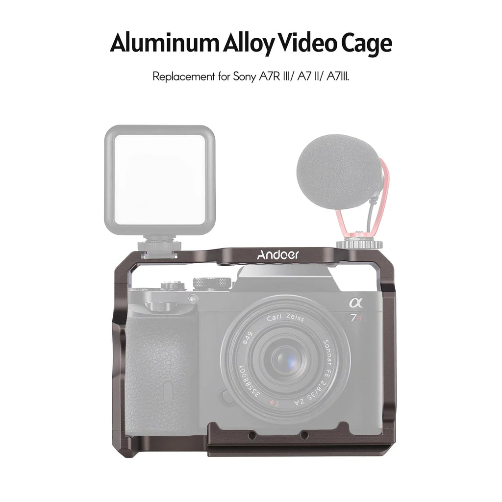 Andoer Aluminum Alloy Camera Cage Kit with Video Rig Handle Wooden Grip Replacement for Sony A7R III/ A7 II/ A7III