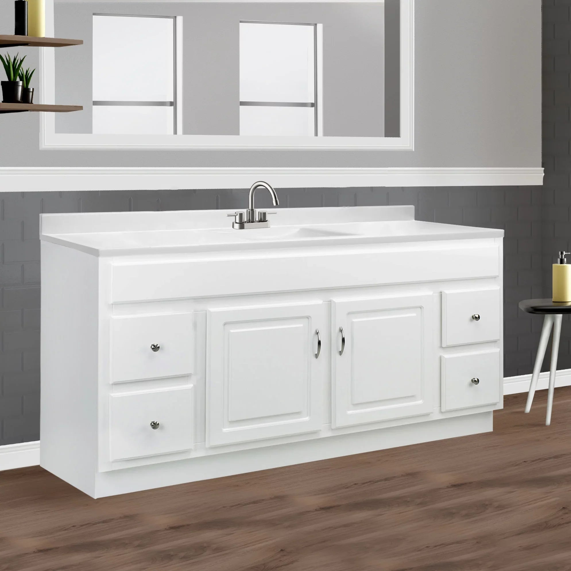 Design House 557660-WHT 61-inch Camilla Cultured Marble Centerset Mount Rectangle Single Bow Vanity Top with Integrated Backsplash, Solid White