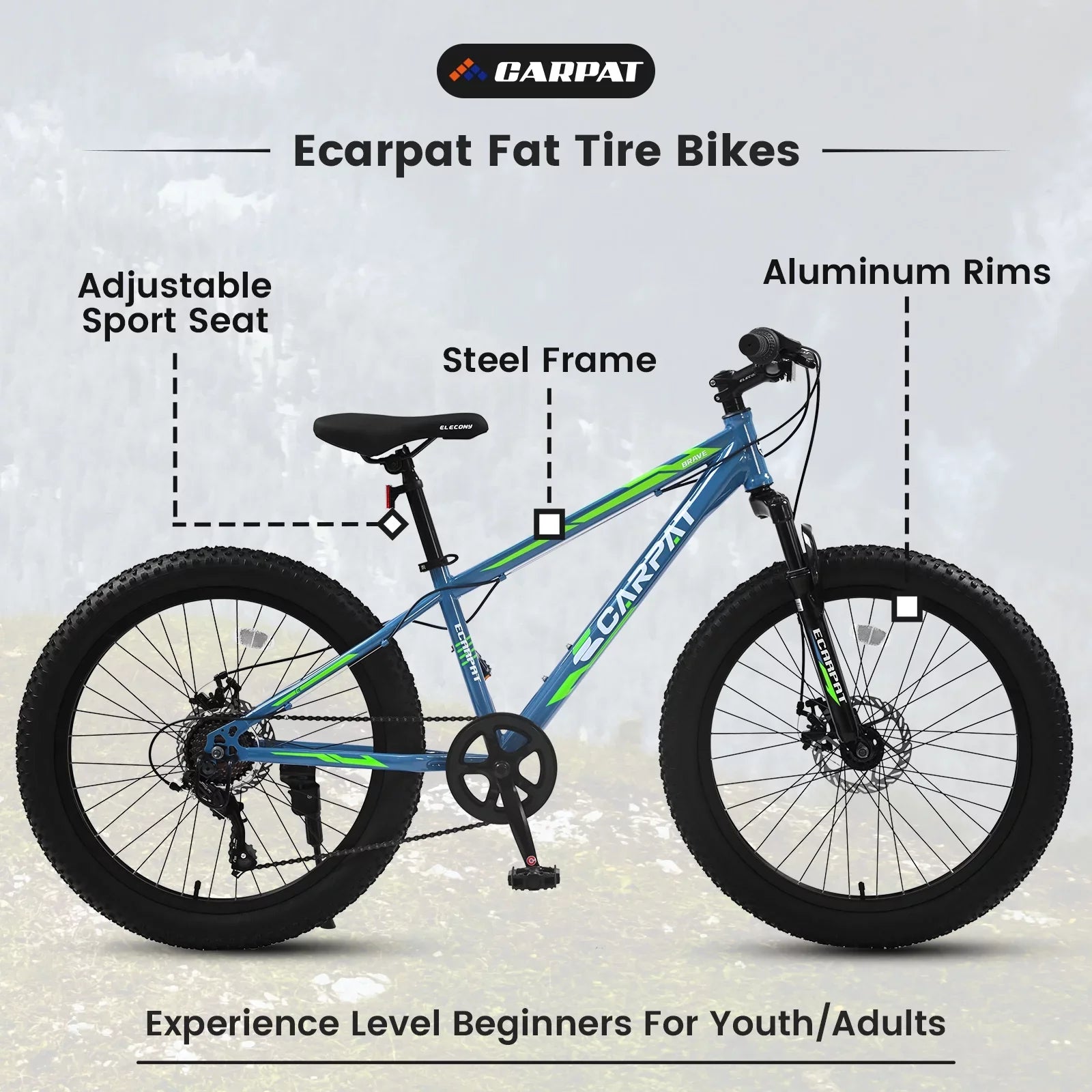 24 Inch Fat Tire Bicycle, 7 Speed Mountain Bike, Dual Disc Brake, Front Suspension, Mountain Trail Bike, Adjustable Seat, Blue