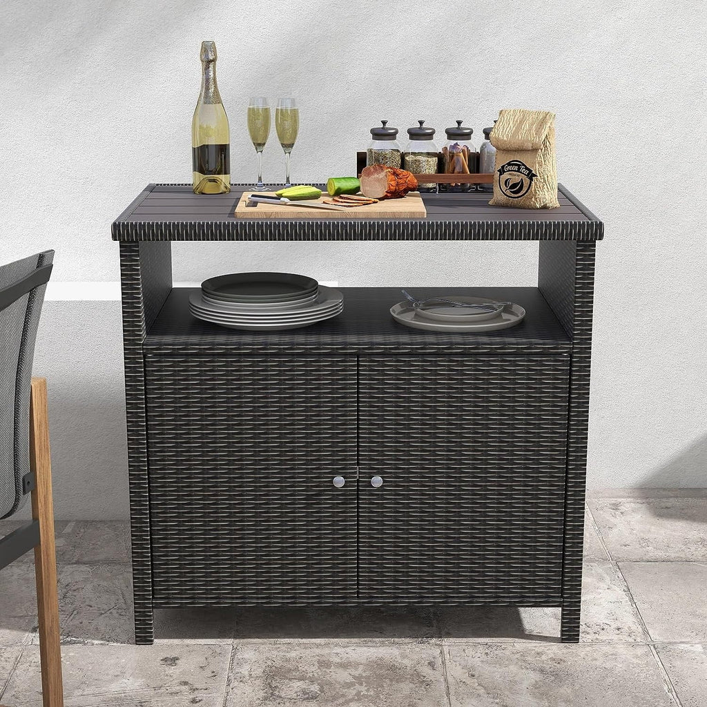 AUCHI Indoor Outdoor 2-Door Wicker Storage Cabinet with Shelf, Powder Coated Steel, All Weather Resin Wicker, Dark Brown