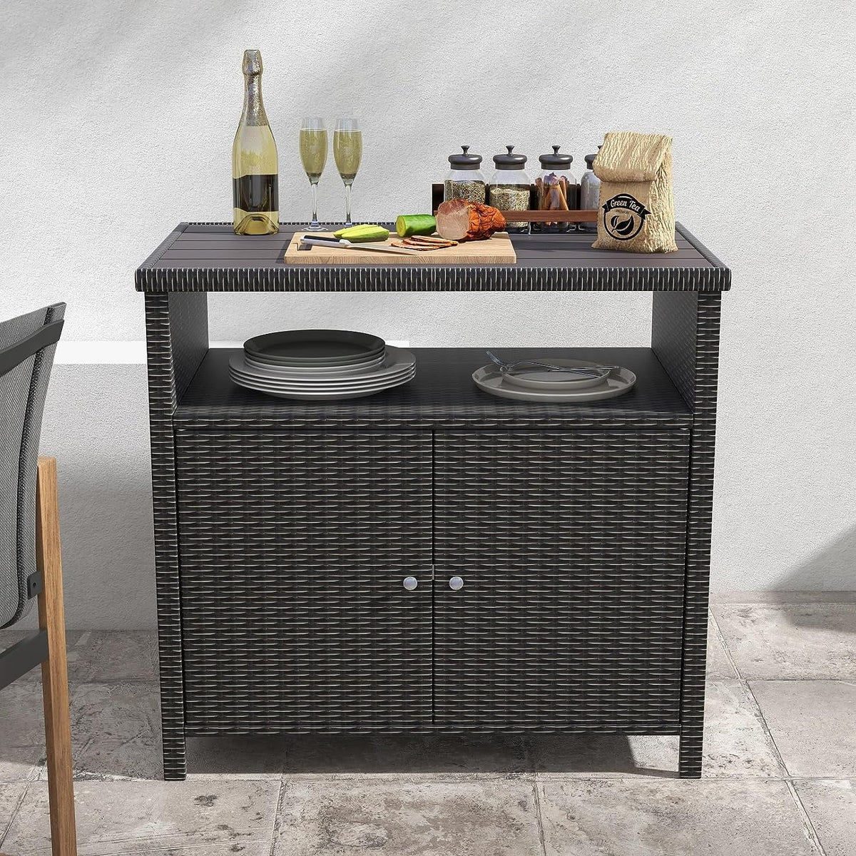 AUCHI Indoor Outdoor 2-Door Wicker Storage Cabinet with Shelf, Powder Coated Steel, All Weather Resin Wicker, Dark Brown