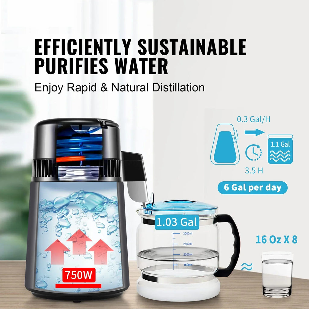 SKYSHALO 4L Water Distiller Purifier Machine Countertop Stainless Steel Interior