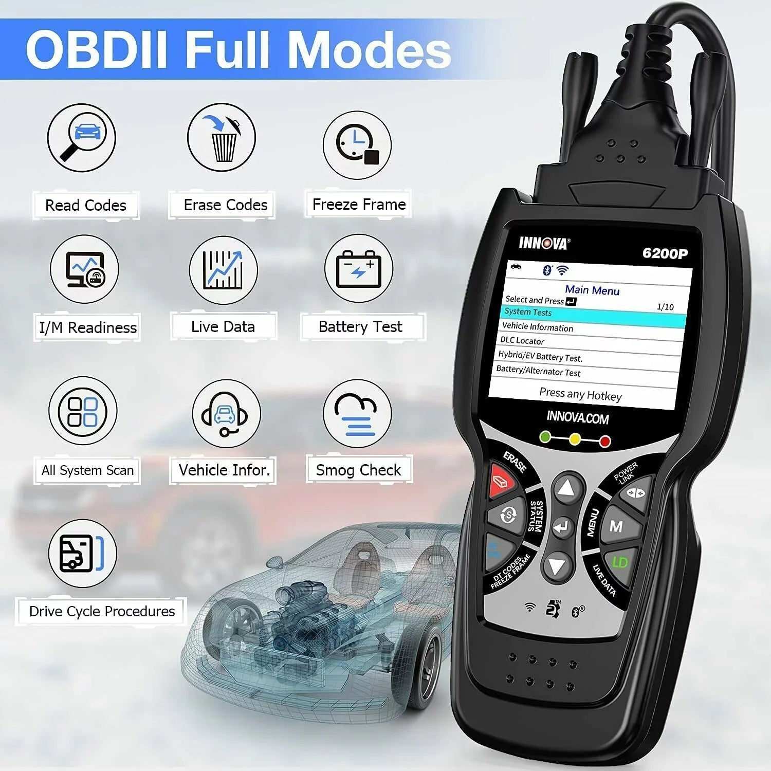 INNOVA 6200P OBD2 Scanner Code Reader Full System ABS SRS Battery Registratio Oil Bluettoth Diagnostic Tool