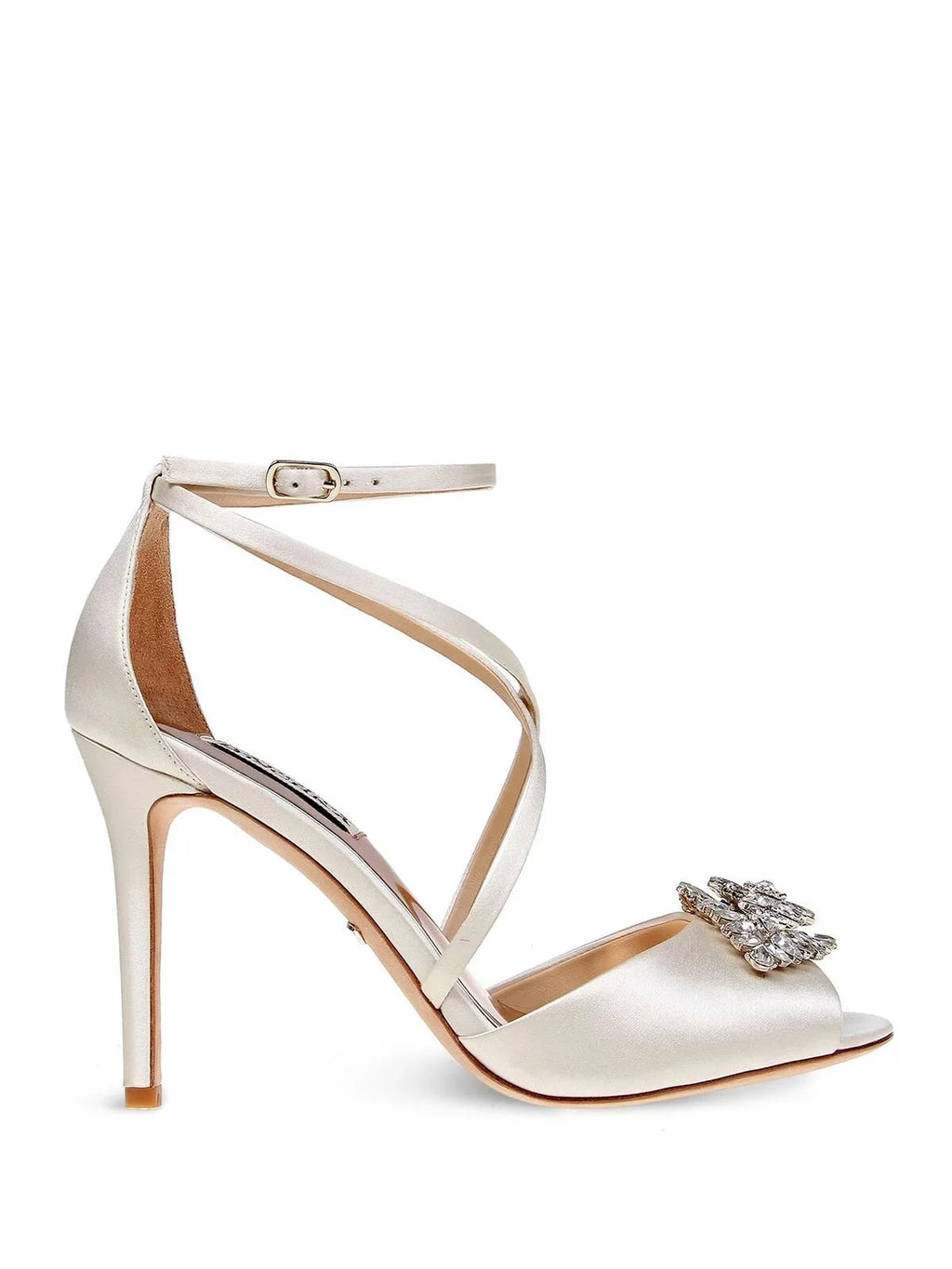 BADGLEY MISCHKA Womens Ivory Satin Beige Cushioned Footbed  Dustbag Embellished Ankle Strap Tatum Open Toe Stiletto Buckle Dress Heeled Gladiator Sandal 9
