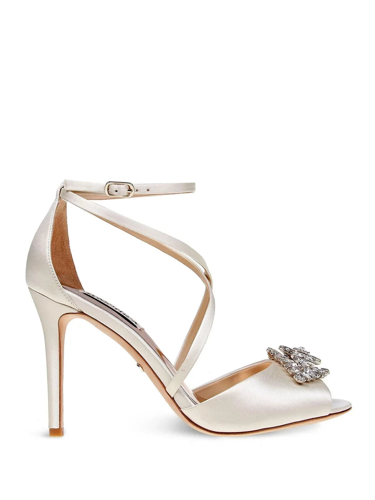 BADGLEY MISCHKA Womens Ivory Satin Beige Cushioned Footbed  Dustbag Embellished Ankle Strap Tatum Open Toe Stiletto Buckle Dress Heeled Gladiator Sandal 9