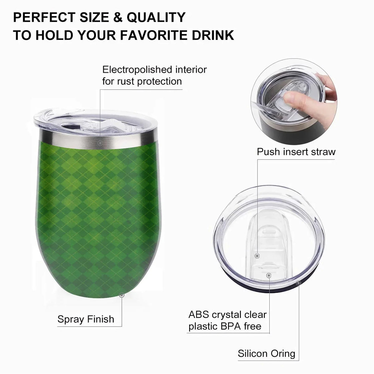 Hidove 12oz 304 Stainless Steel Vacuum Insulated Cups, Green Argyle Textured Background Eggshell Cup U Shape Tumbler Cups with Lid, Double Layer Insulation Wine Cup Big Belly Cup